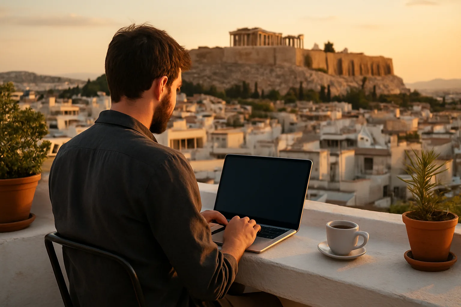 Freelance travaillant sur son ordinateur portable depuis une terrasse d'Athènes, avec les toits de la ville et l'Acropole au coucher du soleil