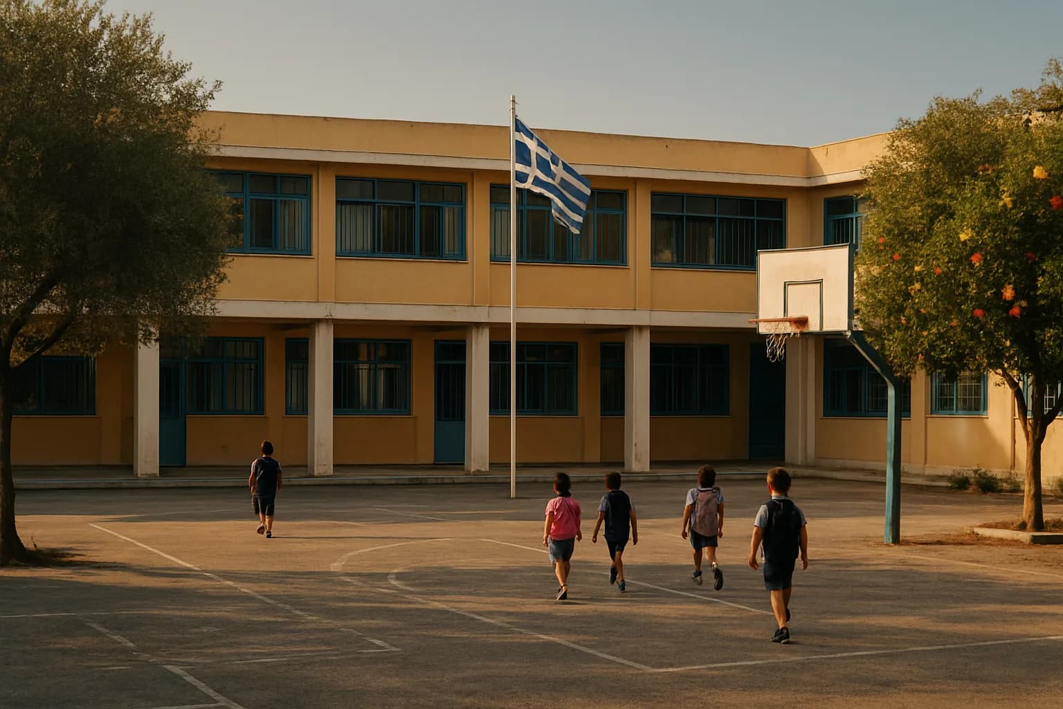 Élèves dans la cour d'une école primaire en Grèce