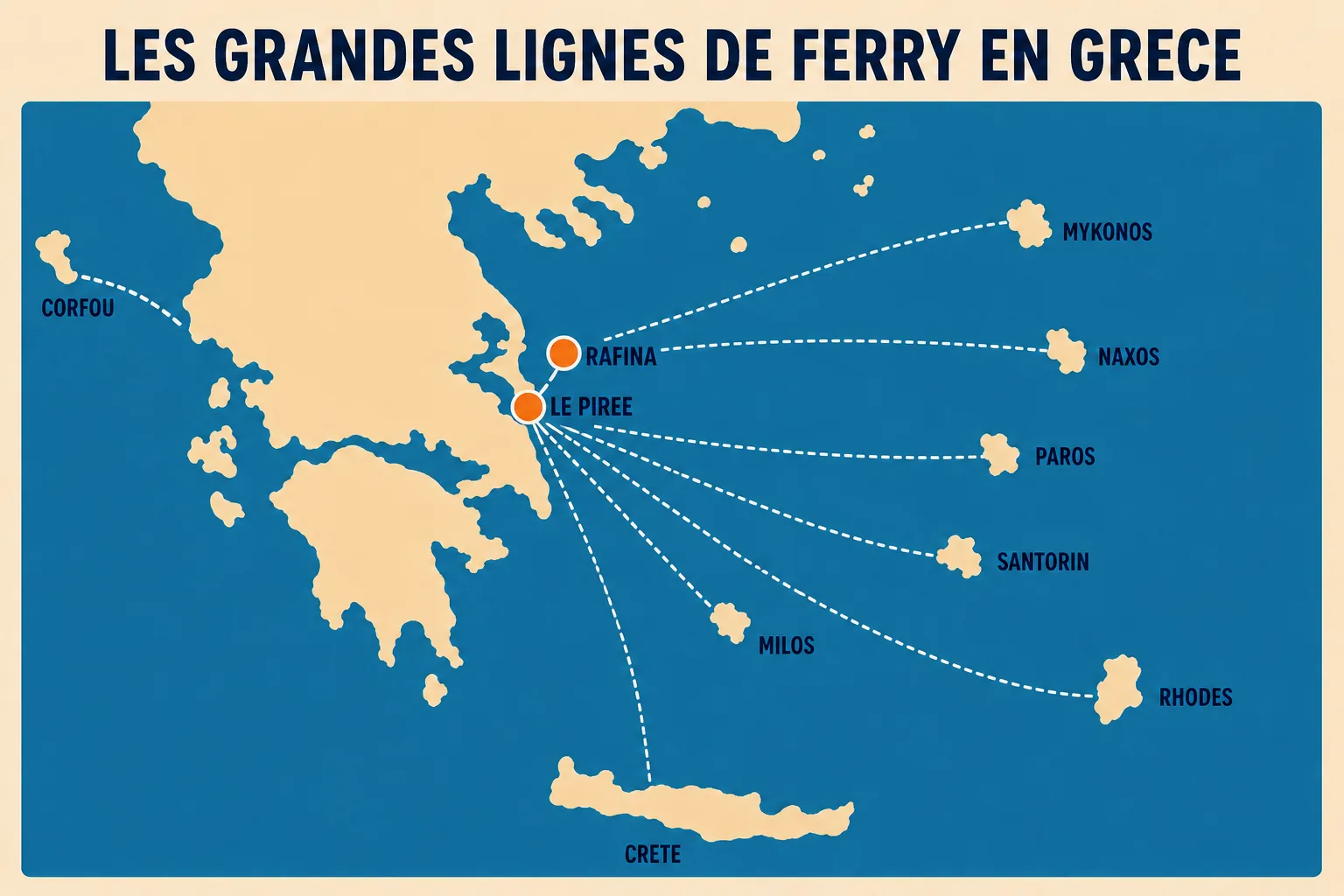 Carte des grandes lignes de ferry en Grèce, avec les liaisons depuis Le Pirée et Rafina vers les Cyclades, la Crète, Rhodes et Corfou