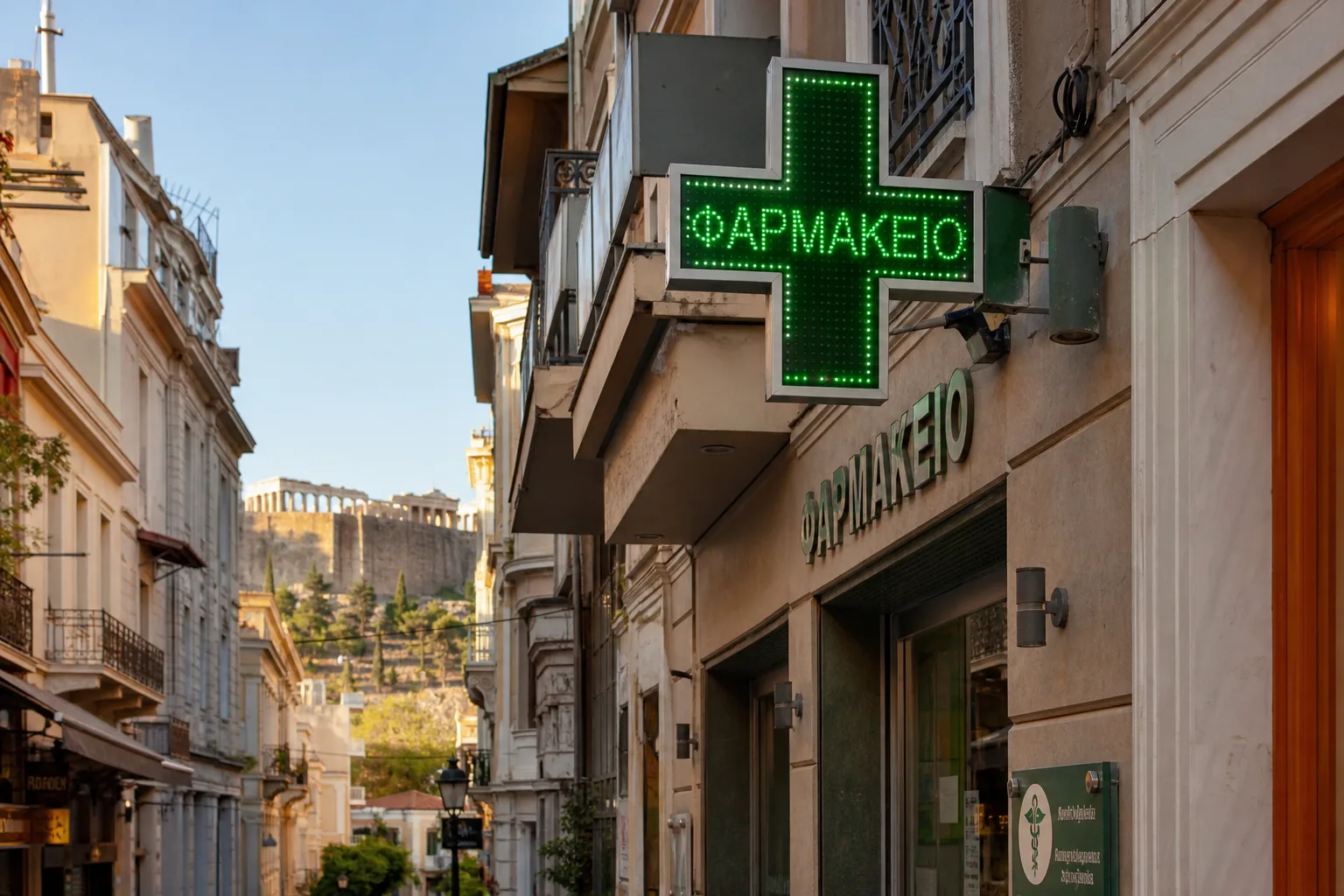 Enseigne de pharmacie à croix verte lumineuse portant le mot ΦΑΡΜΑΚΕΙΟ dans une rue d'Athènes, avec l'Acropole en arrière-plan