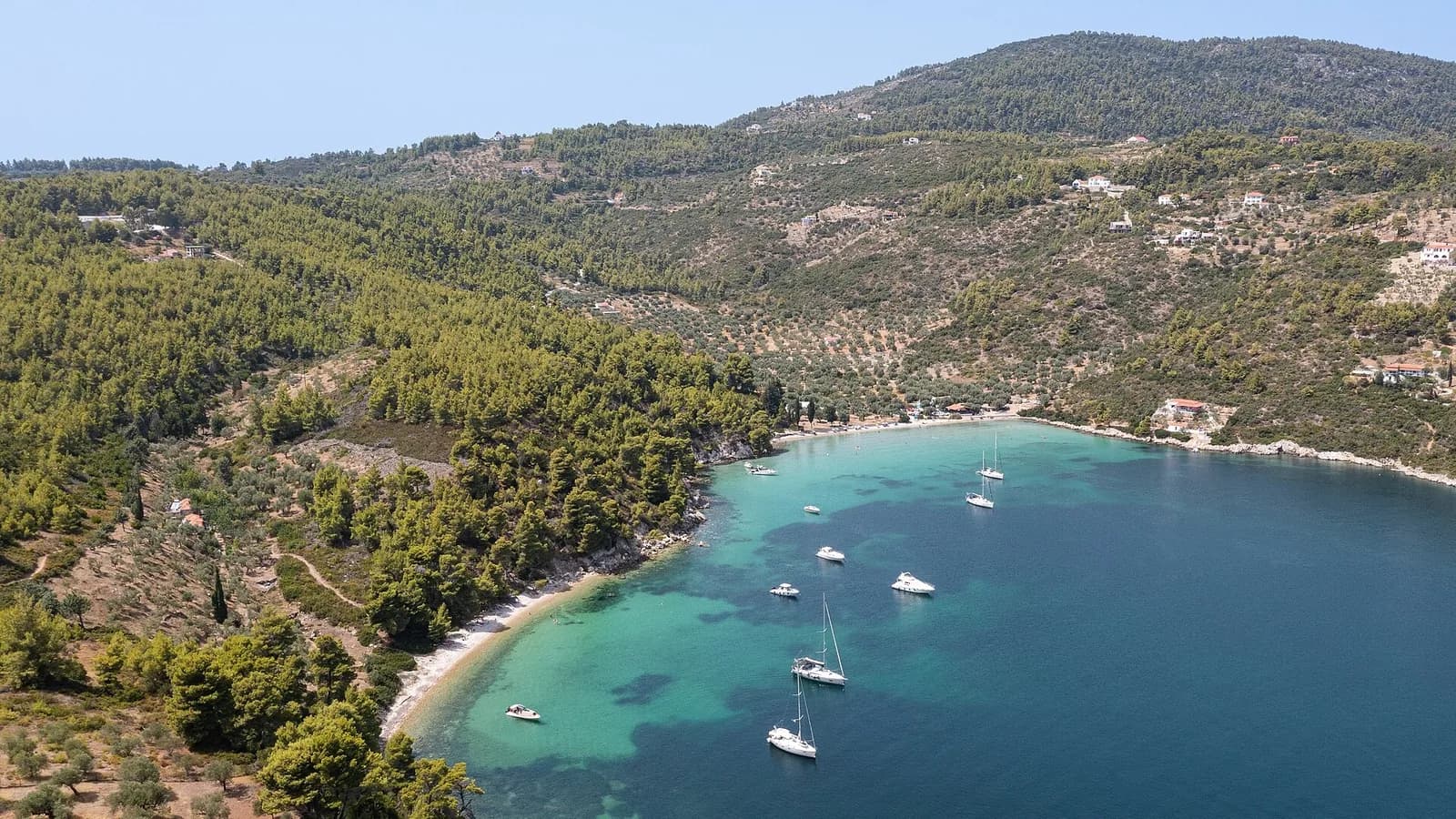 Crique d'eau turquoise bordée de pins et voiliers au mouillage à Tzortzi Gialos, sur l'île d'Alonissos