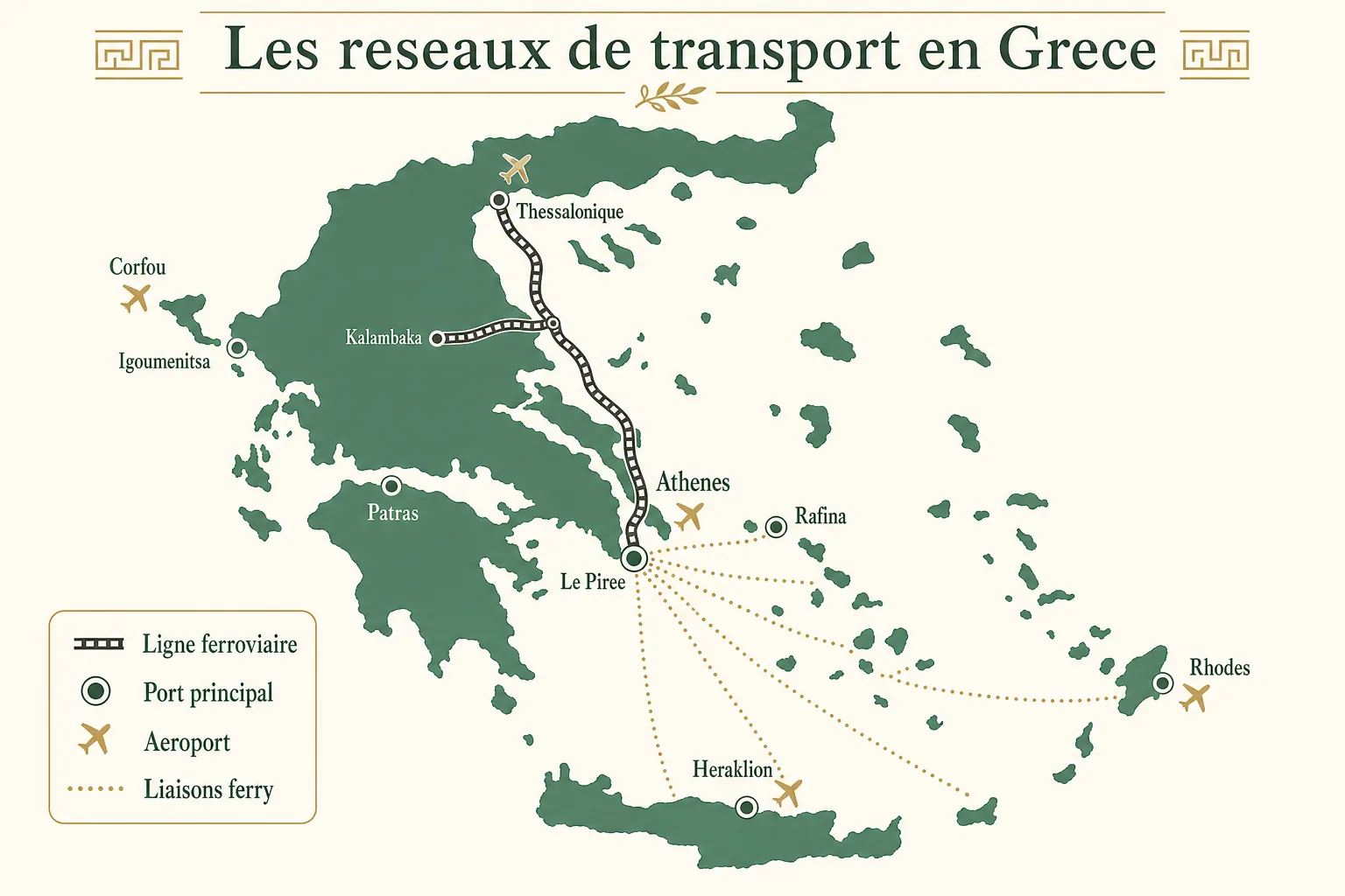 Carte schématique des réseaux de transport en Grèce, avec l'unique ligne ferroviaire Athènes-Thessalonique, son antenne vers Kalambaka, les ports principaux et l'étoile des liaisons ferry depuis Le Pirée