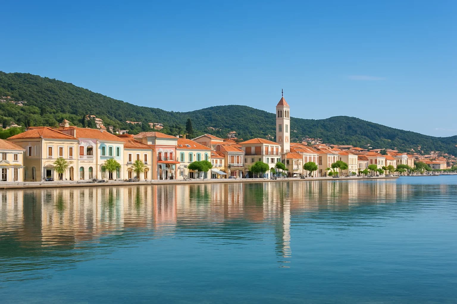 Vue d'Argostoli et de sa baie à Céphalonie, façades colorées au bord de l'eau et collines vertes
