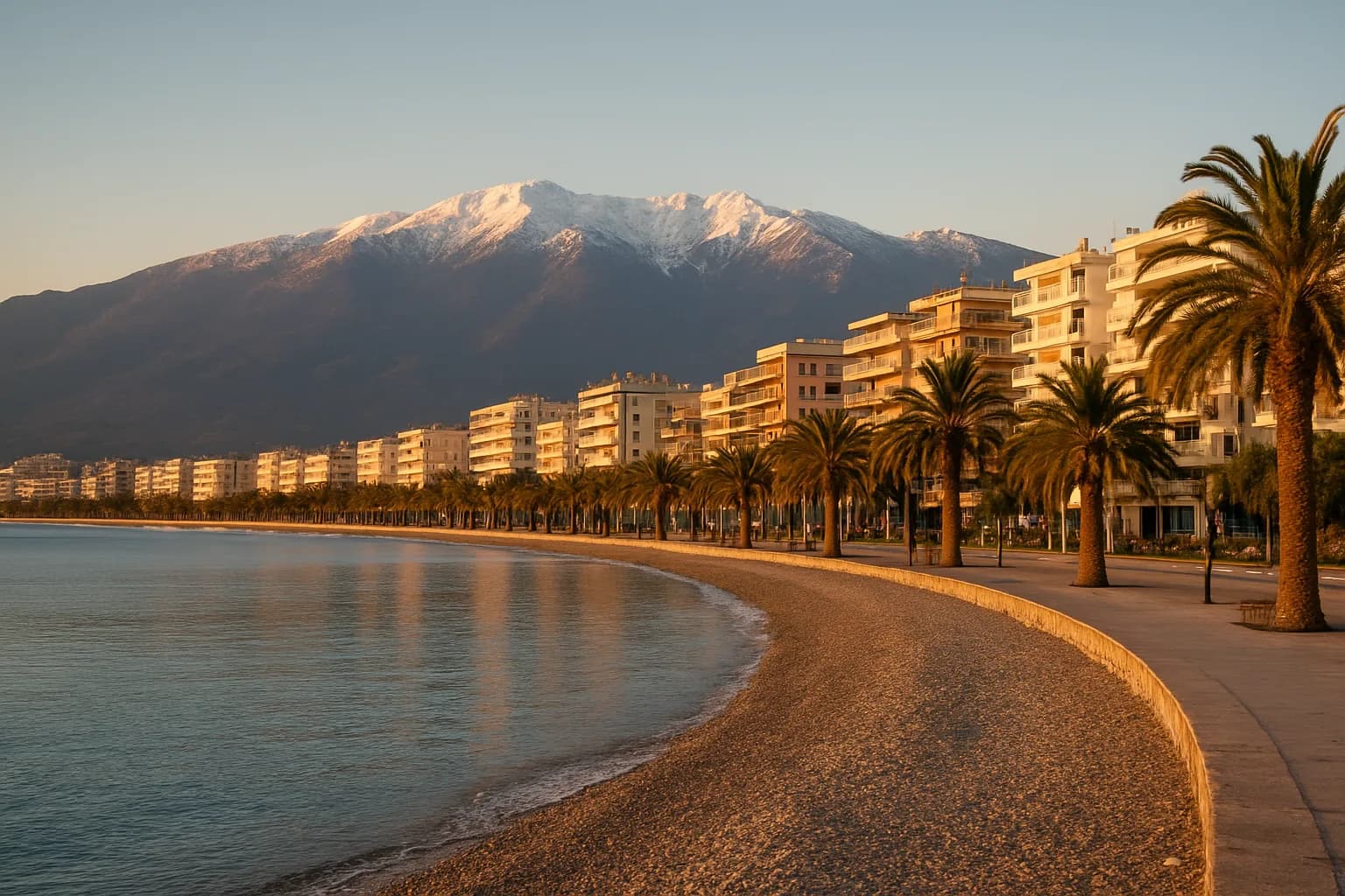 Front de mer de Kalamata au coucher du soleil, plage de galets, palmiers et sommets enneigés du Taygète en toile de fond