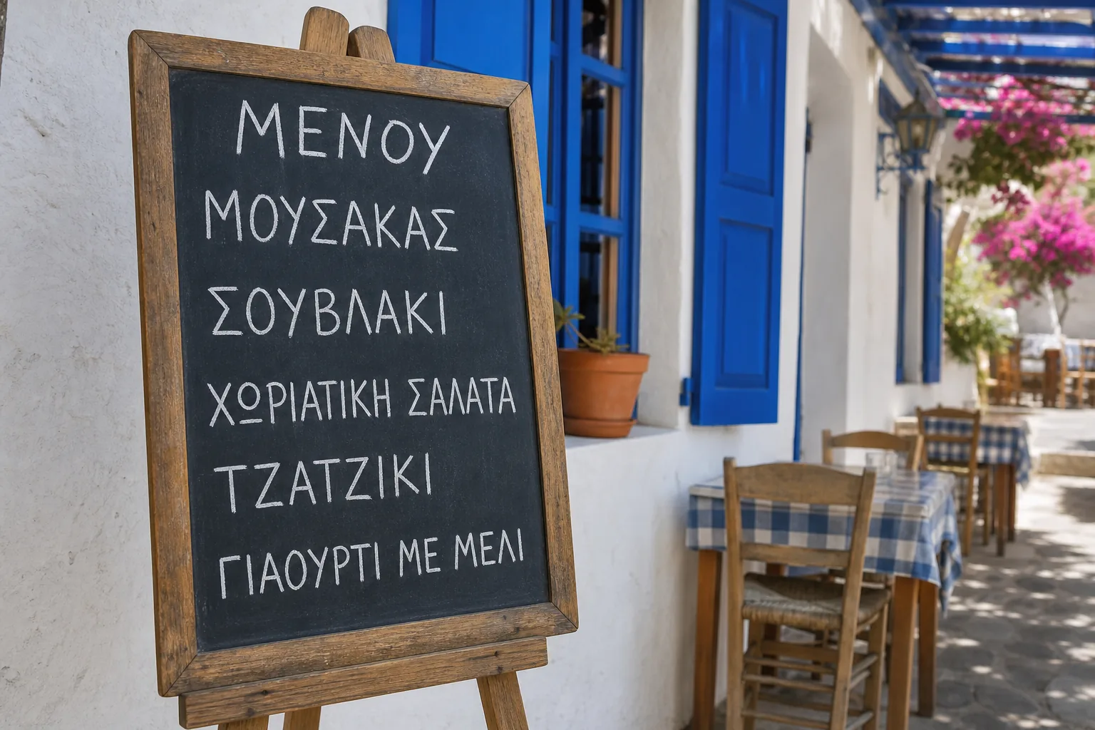 Ardoise de menu d'une taverne grecque écrite à la craie en grec (moussaka, souvlaki, salade paysanne, tzatziki, yaourt au miel) devant une façade blanche aux volets bleus