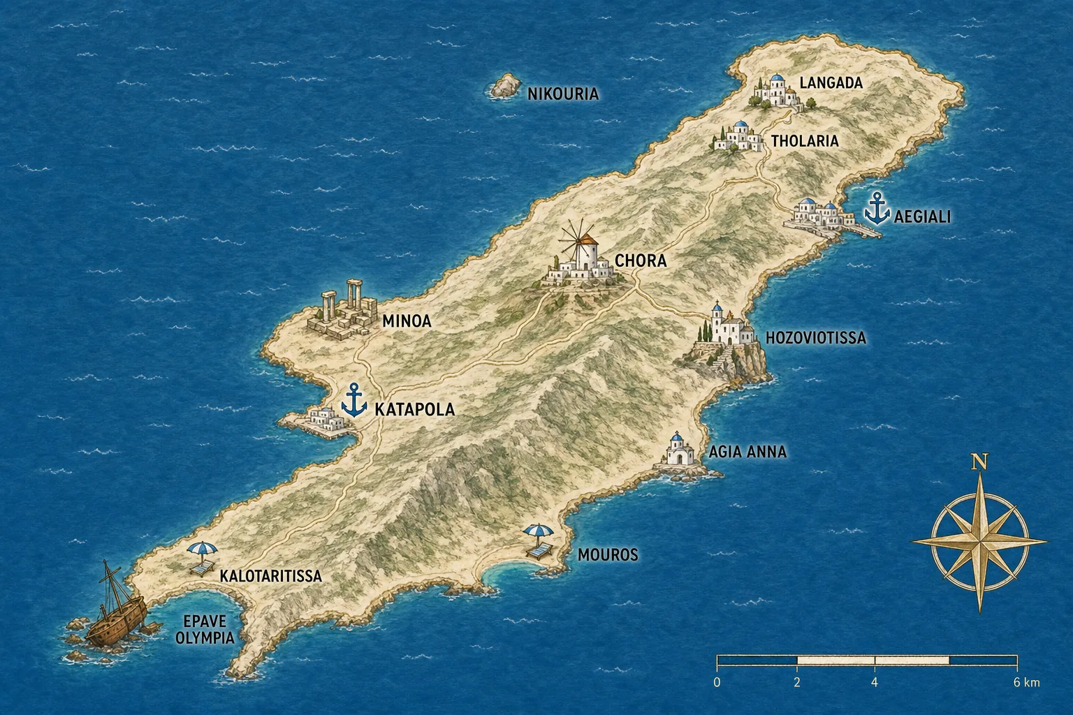 Carte touristique illustrée d'Amorgos situant les ports de Katapola et Aegiali, la Chora au centre, le monastère de Hozoviotissa et la crique d'Agia Anna sur la côte est, les plages de Mouros et Kalotaritissa au sud-ouest, l'épave de l'Olympia et l'îlot de Nikouria