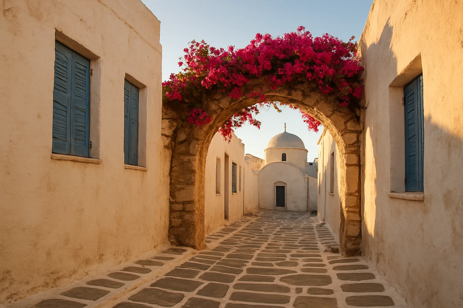 Ruelle dallée et blanchie à la chaux de la Chora d'Amorgos, avec une chapelle à dôme blanc au fond d'un passage voûté