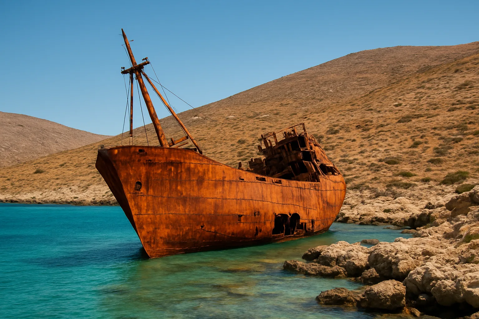 La coque rouillée du cargo Olympia échouée dans la baie turquoise de Liveros, à la pointe sud-ouest d'Amorgos