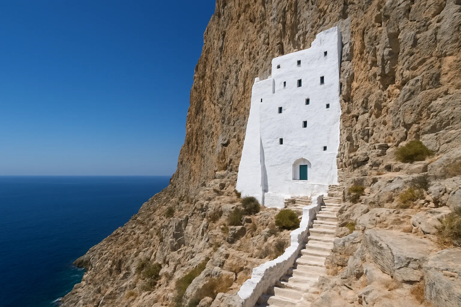 Le monastère blanc de Panagia Hozoviotissa plaqué contre la falaise grise de la côte est d'Amorgos, au-dessus de la mer Égée