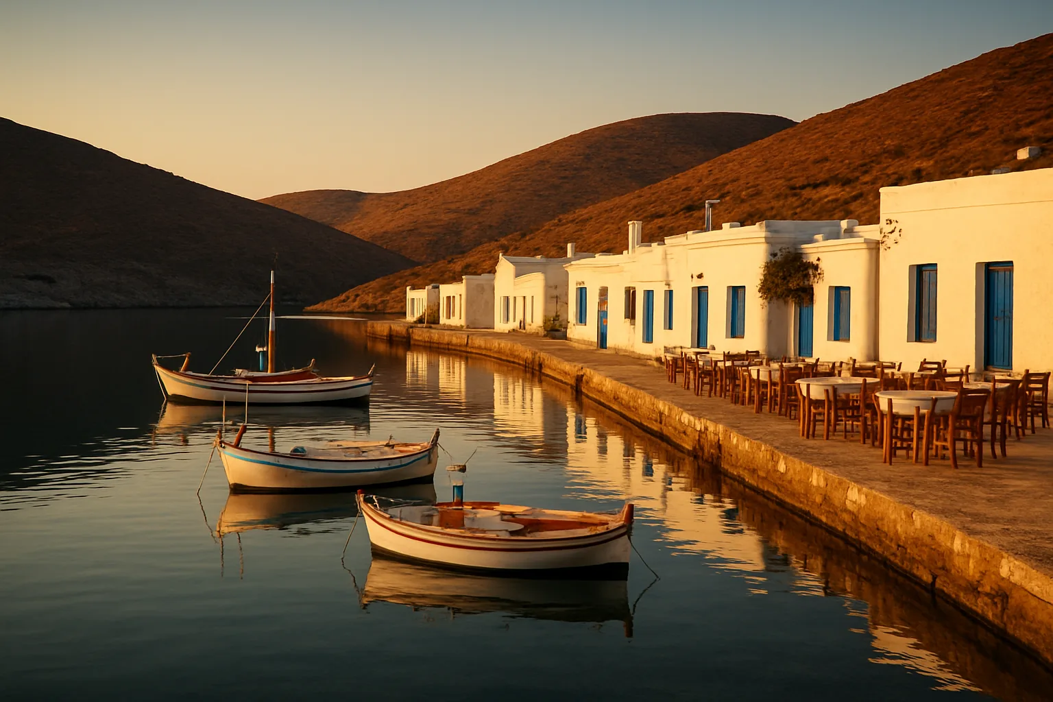 Le quai du port de Katapola à Amorgos, ses maisons blanches et ses barques de pêche dans une baie fermée