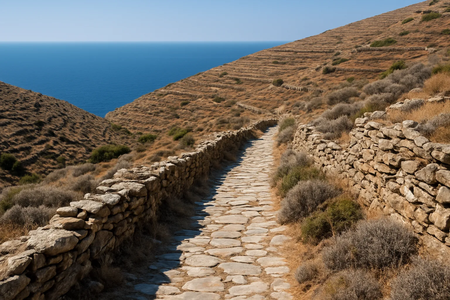 Chemin muletier dallé bordé de murs de pierre sèche traversant les terrasses arides d'Amorgos face à la mer