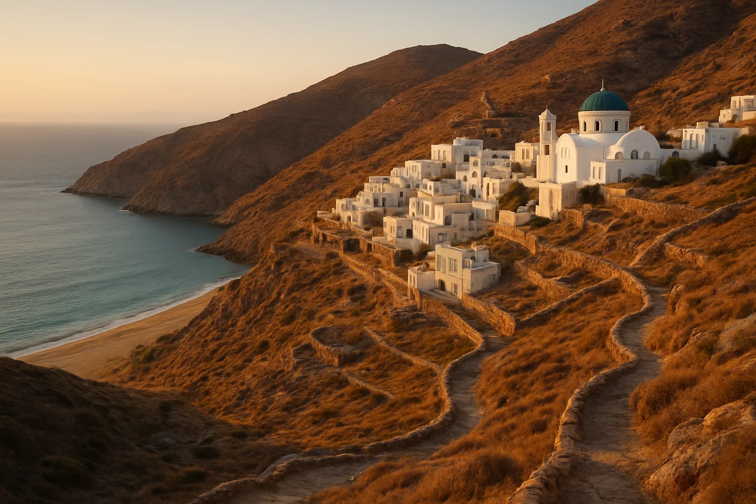 Le village blanc de Langada accroché à la montagne aride au-dessus de la baie sableuse d'Aegiali, à Amorgos