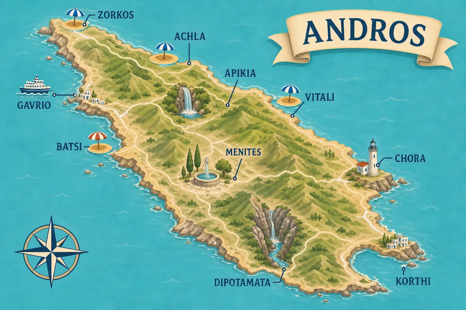Carte touristique illustrée d'Andros situant le port de Gavrio, la station de Batsi, la Chora, les villages de Menites et Apikia, les plages d'Achla, Zorkos et Vitali, la gorge de Dipotamata et la baie de Korthi