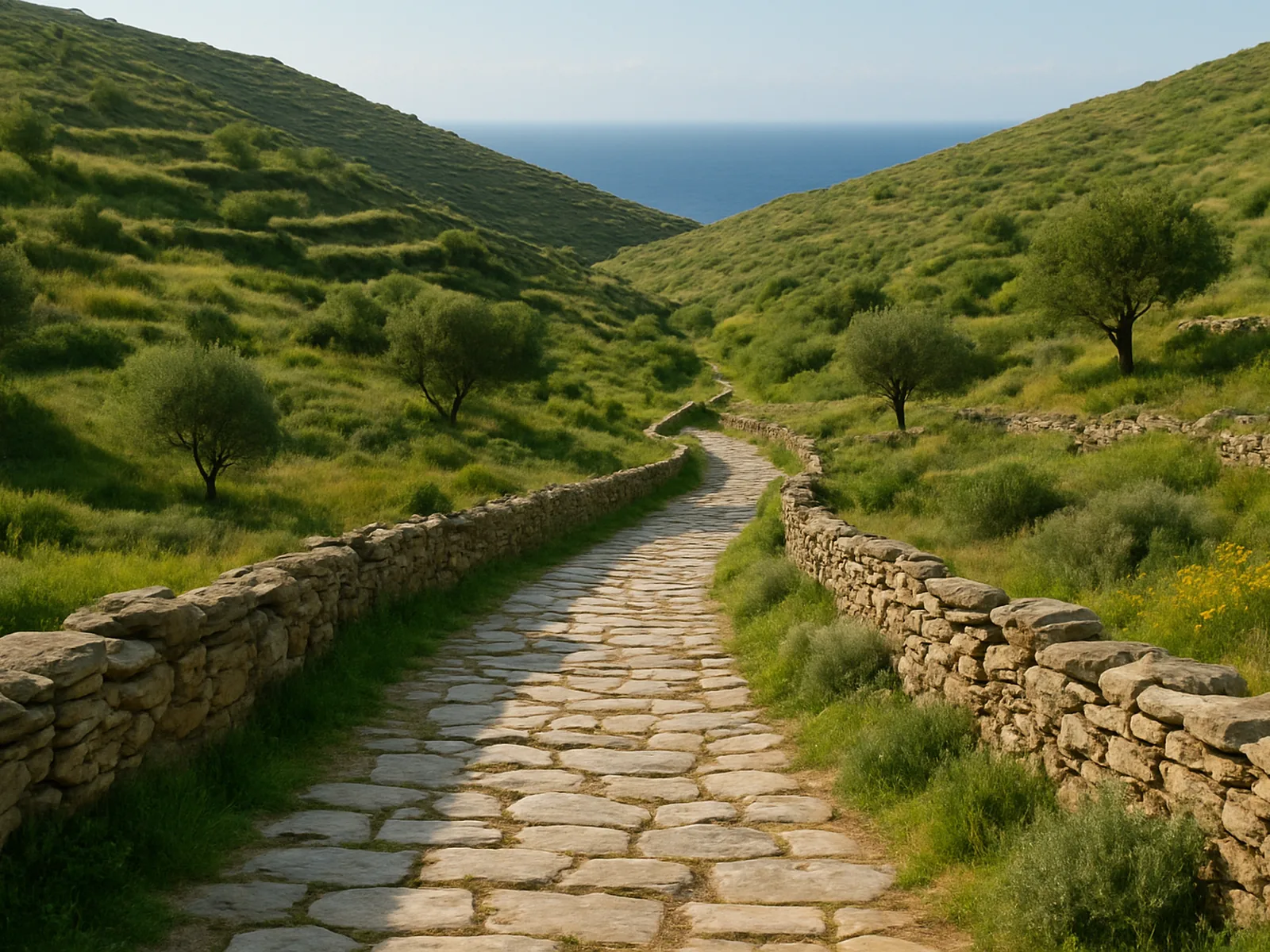 Ancien chemin muletier pavé bordé de murets de pierre sèche, entre les collines vertes et la mer, paysage caractéristique d'Andros