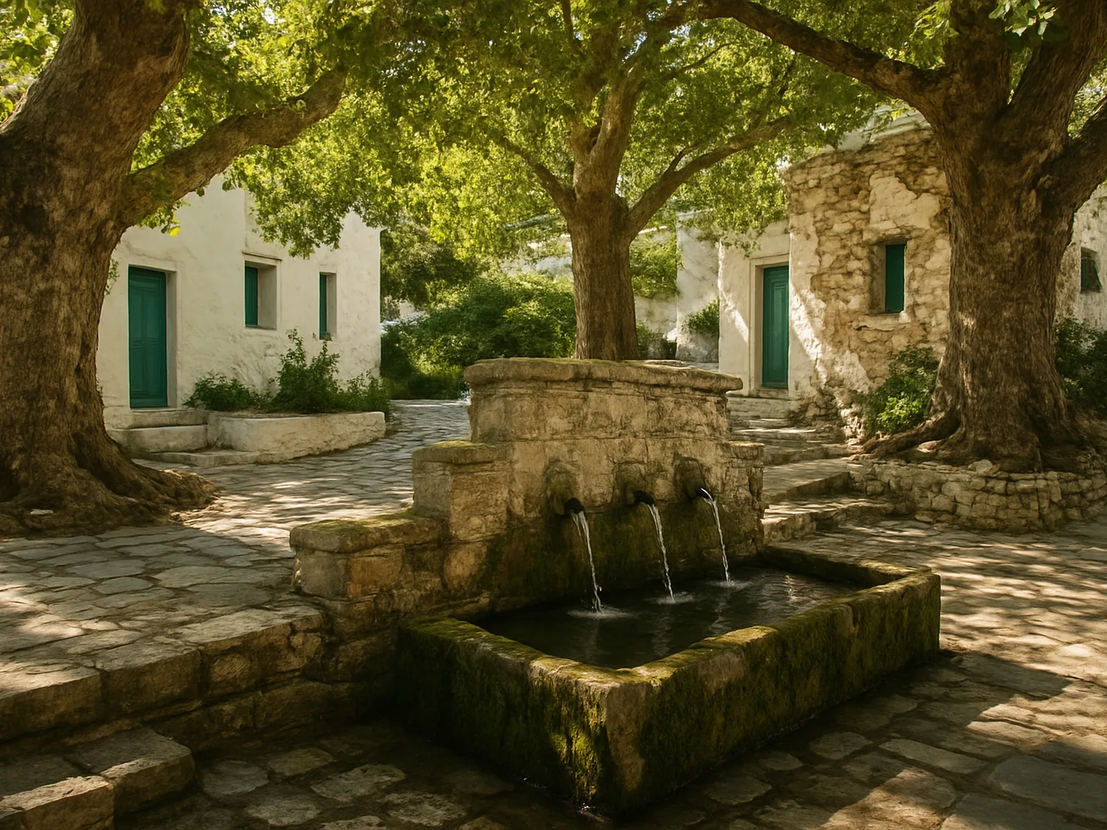 Fontaine de pierre et bassin moussu sous de vieux platanes, ambiance des villages irrigués de l'intérieur d'Andros