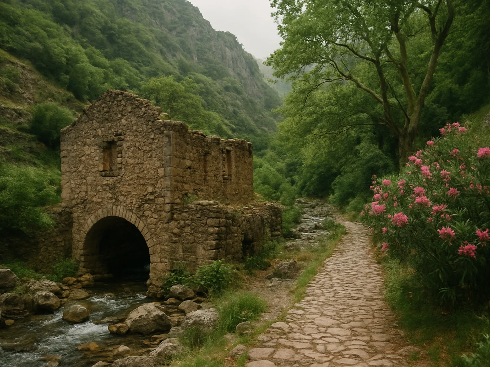 Moulin à eau en ruine et chemin pavé le long d'un torrent, illustration des gorges verdoyantes d'Andros