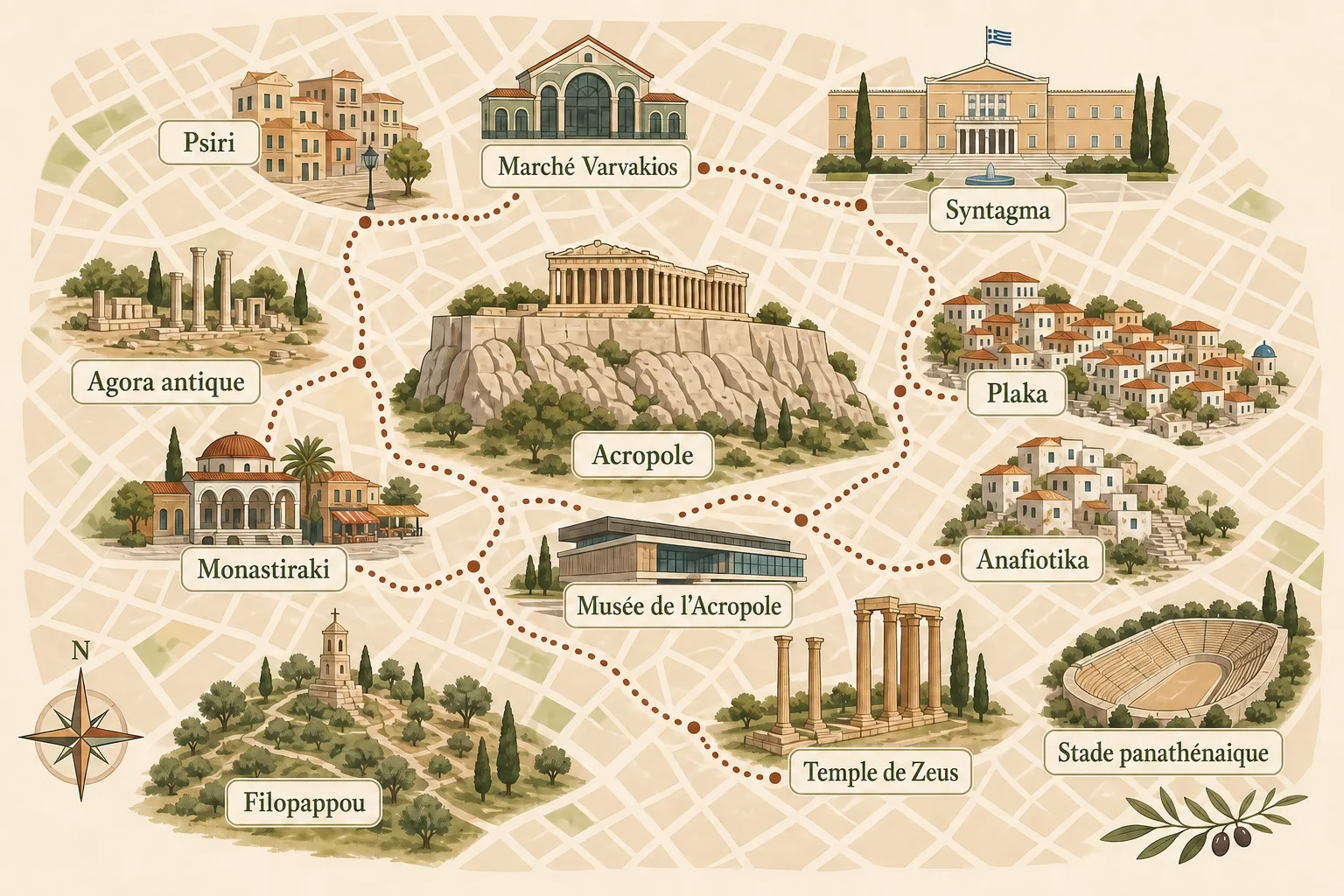 Plan illustré du centre historique d'Athènes situant l'Acropole, le musée de l'Acropole, l'Agora antique, Plaka, Anafiotika, Monastiraki, Psiri, le marché Varvakios, Syntagma, le temple de Zeus, le stade panathénaïque et la colline de Filopappou