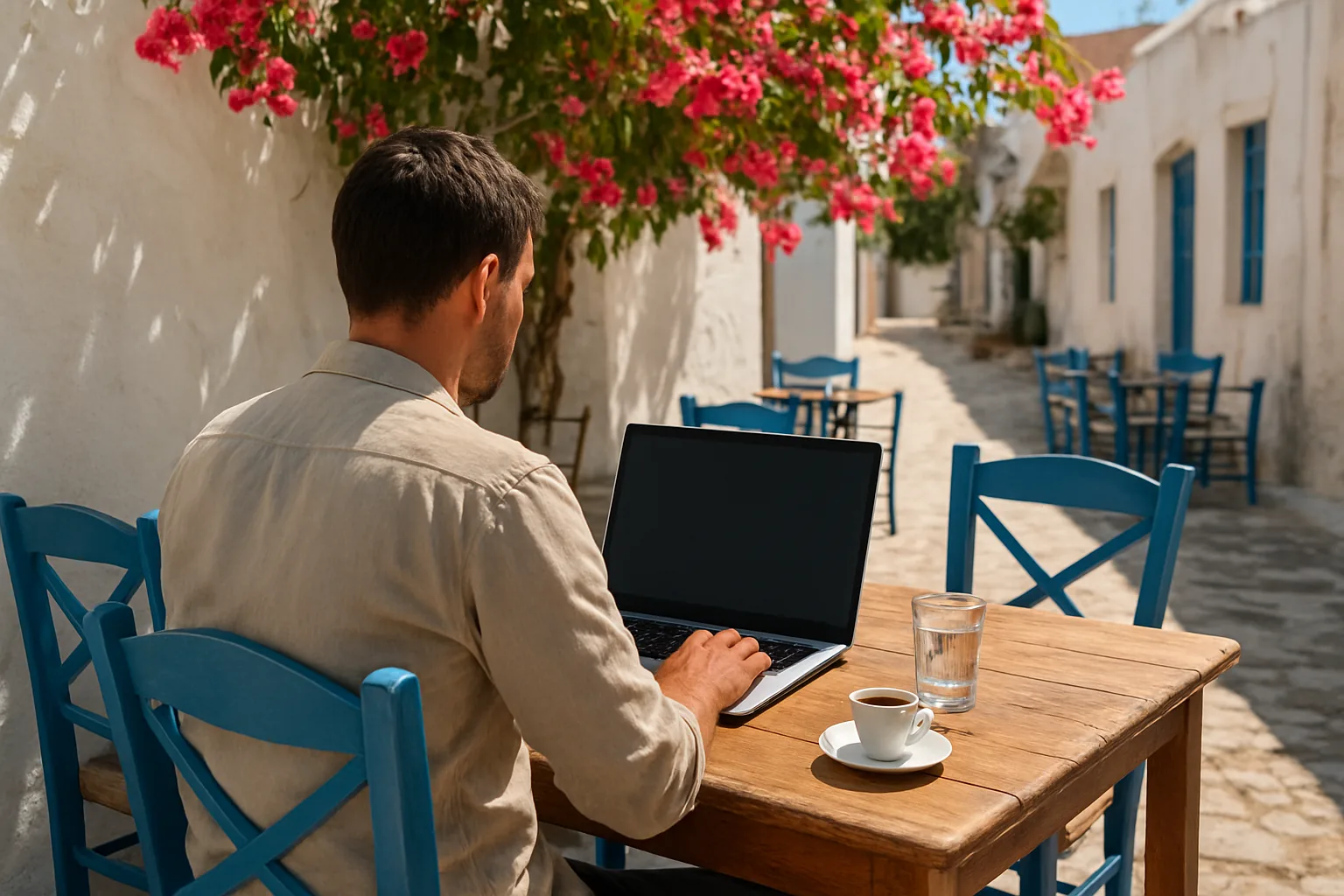 Freelance sur son ordinateur portable à la terrasse d'un kafeneio grec, chaises bleues, ruelle blanchie à la chaux et bougainvillées