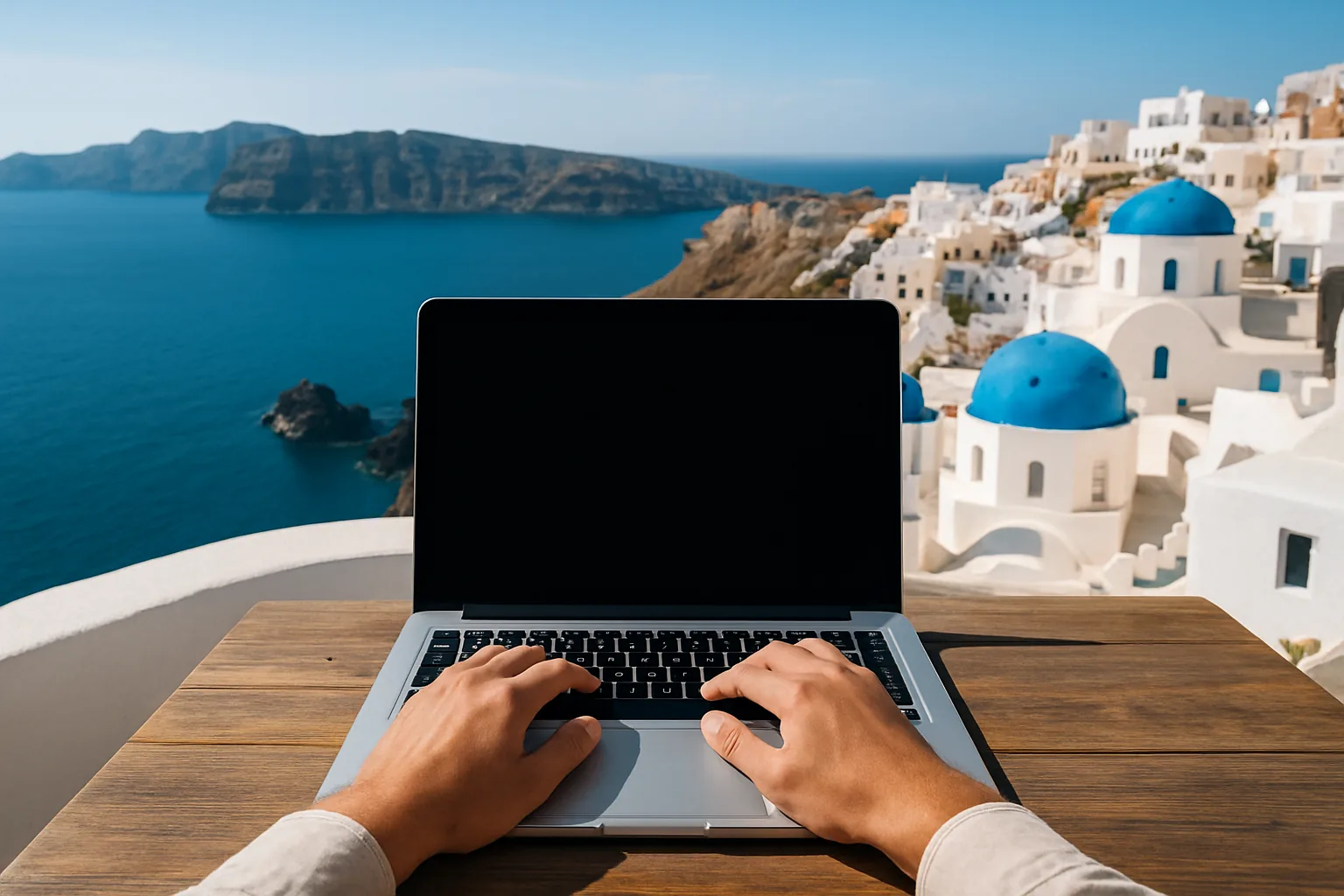 Télétravail sur ordinateur portable face à la mer Égée, avec maisons blanches et coupoles bleues d'une île des Cyclades