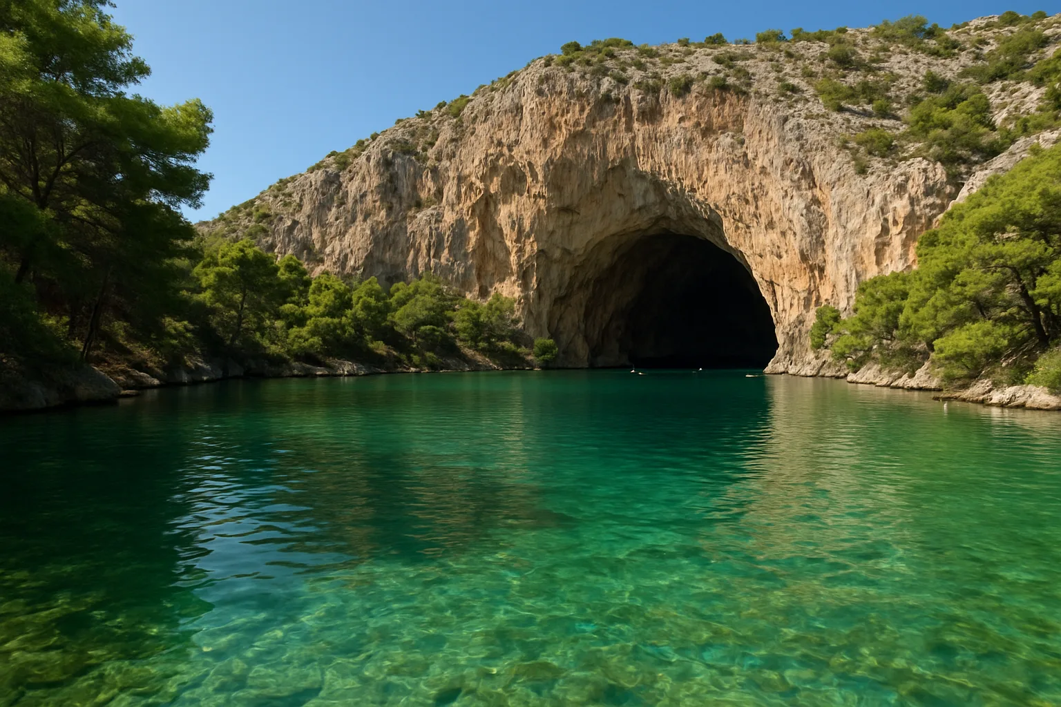 Lac d'eau saumâtre au pied d'une falaise calcaire, sur le modèle du lac de Vouliagmeni en Attique