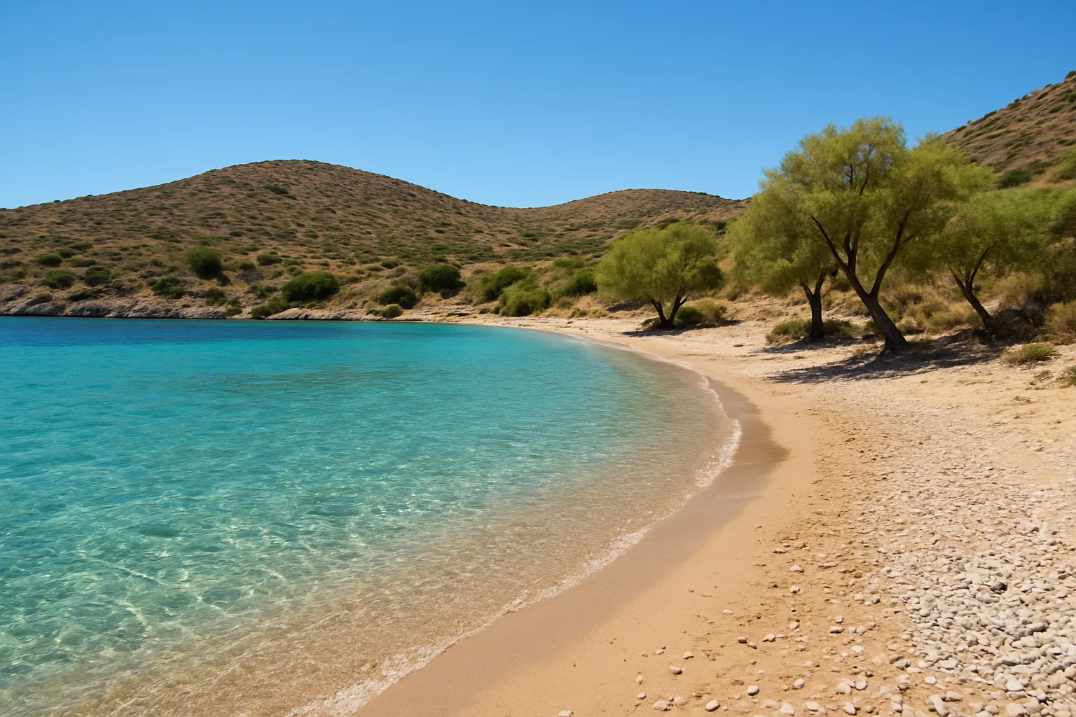 Plage de sable et eau turquoise sur la côte sud de l'Attique, près du cap Sounion