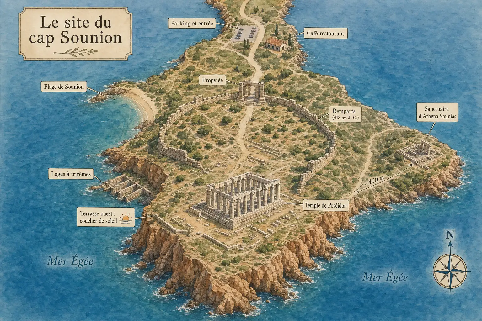 Plan illustré du site du cap Sounion situant le parking et l'entrée, le café-restaurant, la propylée, le temple de Poséidon, la terrasse ouest du coucher de soleil, les remparts, les loges à trirèmes, la plage de Sounion et le sanctuaire d'Athéna Sounias