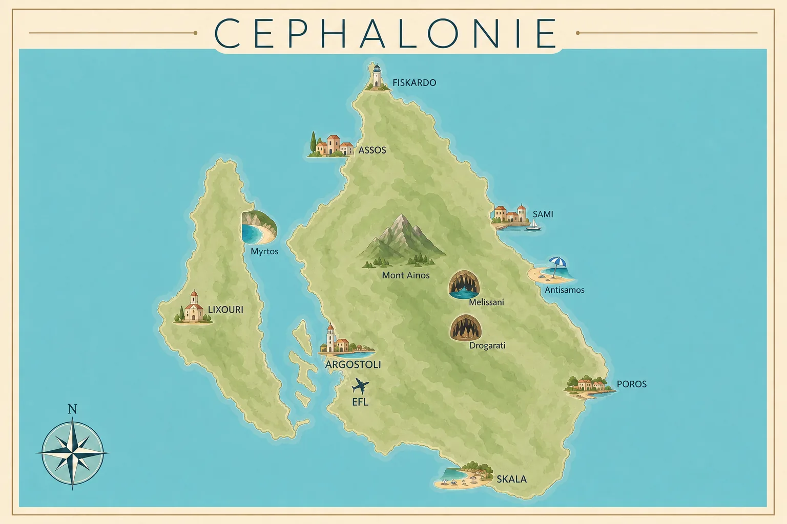 Carte touristique de Céphalonie situant Argostoli, Lixouri, Sami, Fiskardo, Assos, Poros, Skala, la plage de Myrtos, les grottes de Melissani et Drogarati et le mont Ainos