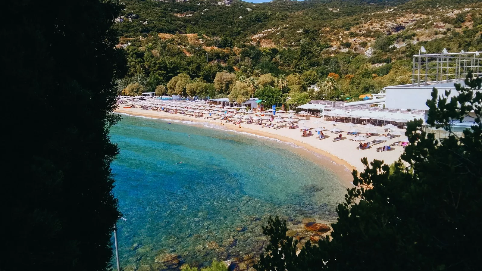 Plage aménagée avec parasols et beach bar à Kassandra, Chalcidique, en pleine saison