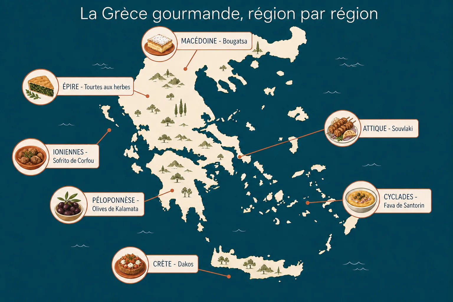Carte illustrée des spécialités culinaires grecques par région : bougatsa en Macédoine, tourtes en Épire, souvlaki en Attique, olives de Kalamata dans le Péloponnèse, sofrito à Corfou, fava à Santorin et dakos en Crète
