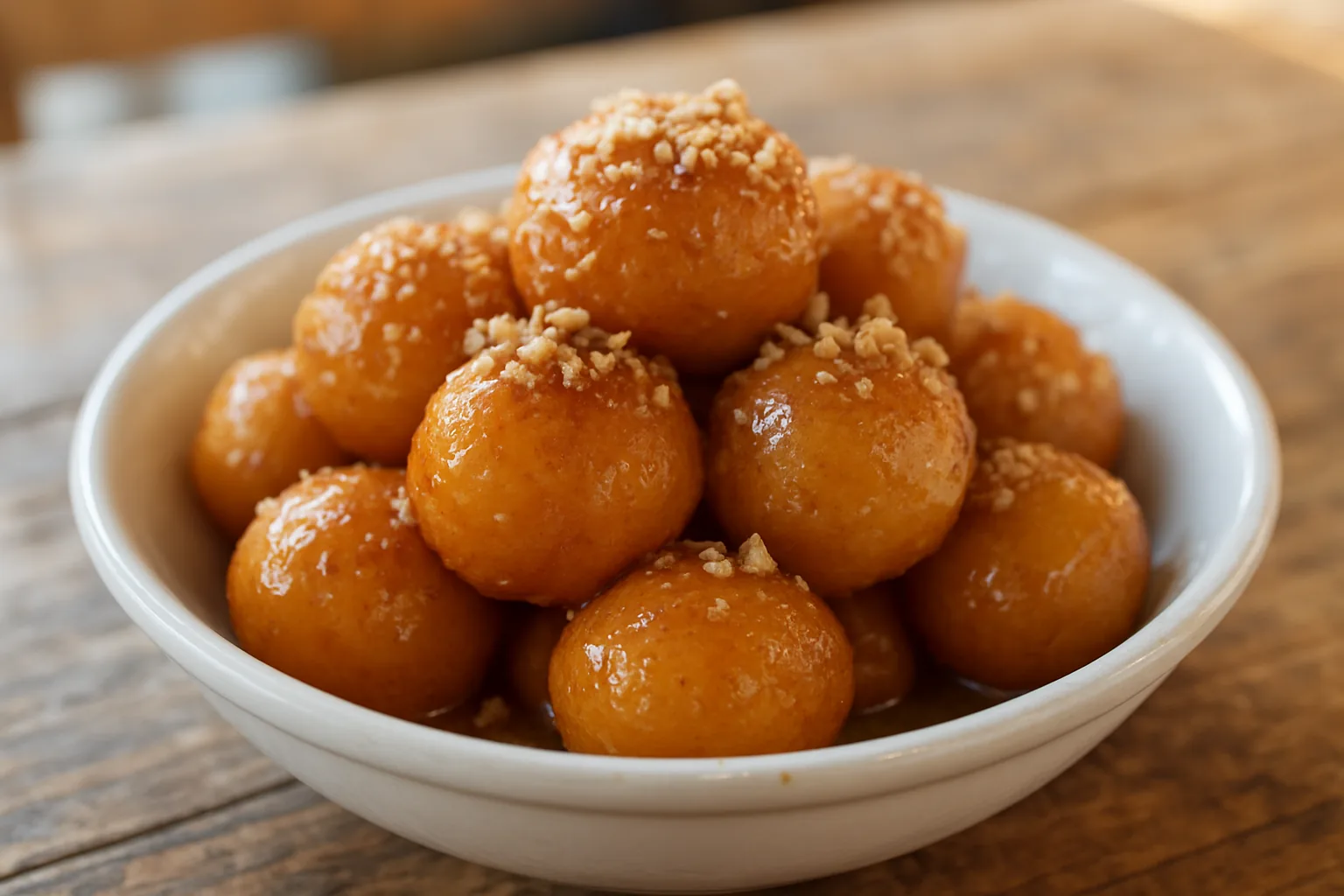 Bol de loukoumades grecs, petits beignets ronds dorés nappés de miel, de cannelle et de noix concassées