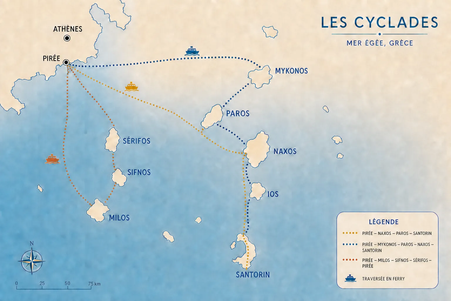 Carte des trois itinéraires de 10 jours dans les Cyclades : la ligne de l'est vers Naxos, Paros et Santorin, le grand tour par Mykonos et la ligne de l'ouest vers Milos, Sifnos et Sérifos
