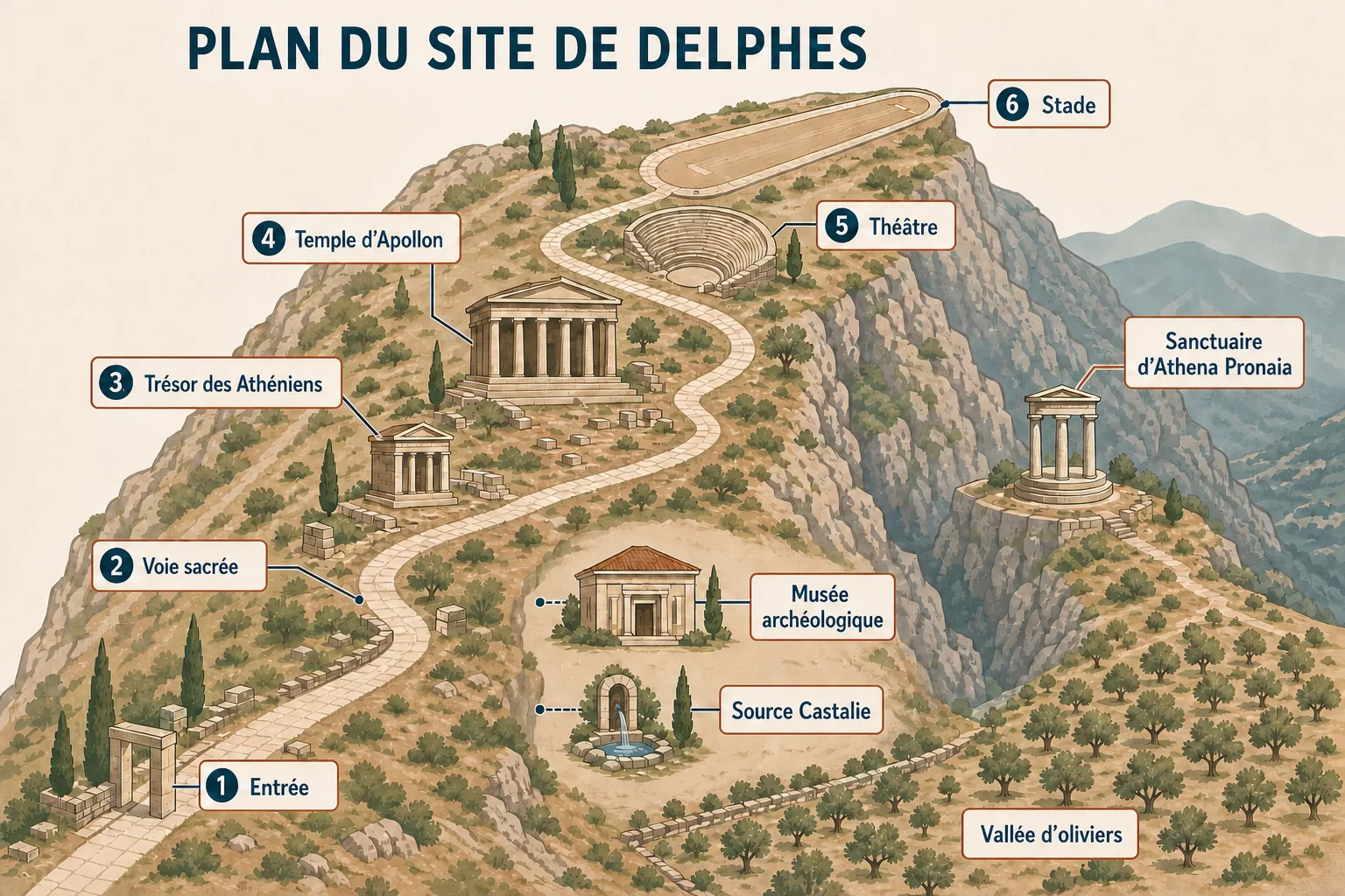 Plan illustré du site de Delphes situant l'entrée, la Voie sacrée, le trésor des Athéniens, le temple d'Apollon, le théâtre, le stade, le musée archéologique, la source Castalie et le sanctuaire d'Athéna Pronaia