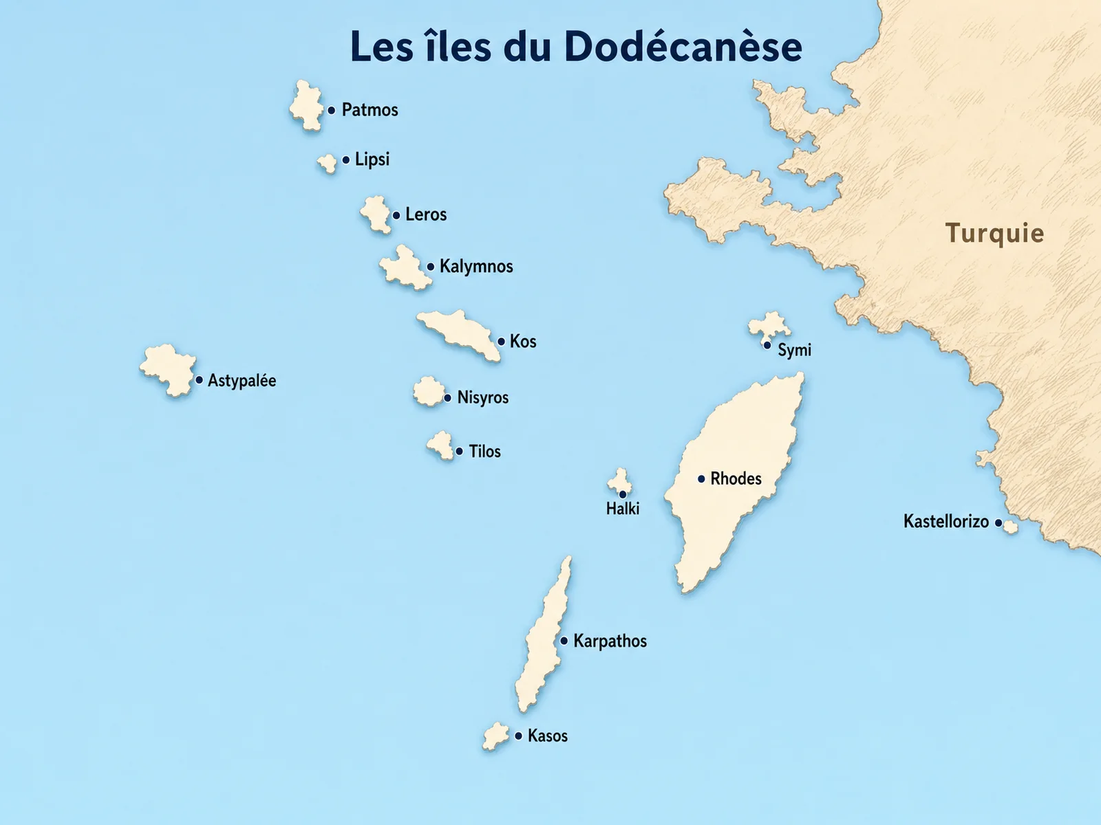 Carte illustrée des îles du Dodécanèse : Patmos, Lipsi, Leros, Kalymnos, Kos, Nisyros, Tilos, Symi, Rhodes, Halki, Karpathos, Kasos, Astypalée et Kastellorizo