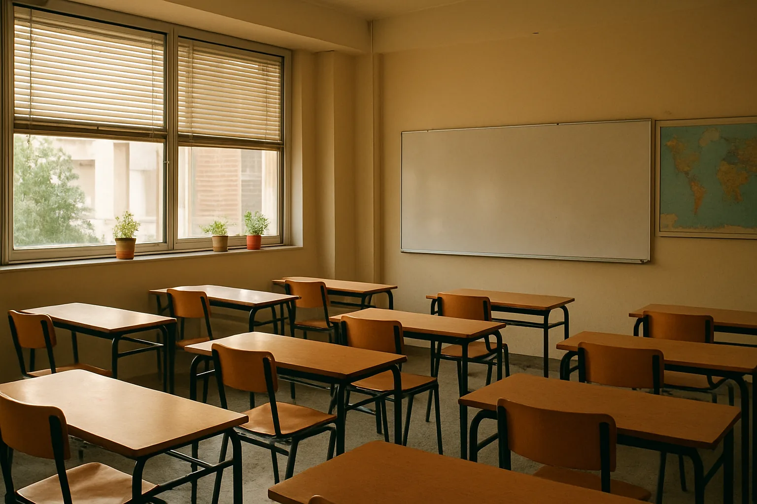 Salle de classe d'une école publique grecque, pupitres vides en fin de journée