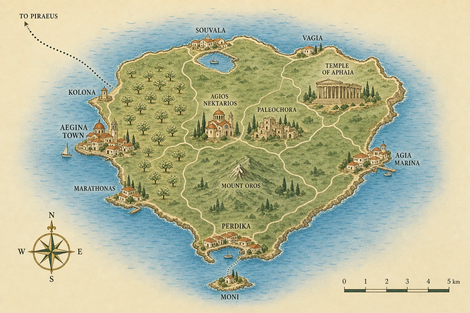 Carte touristique illustrée d'Égine situant Chora et Kolona à l'ouest, les vergers de pistachiers dans la plaine, le monastère d'Agios Nektarios et Paleochora au centre, le temple d'Aphaia au nord-est, Agia Marina à l'est, Souvala et Vagia au nord, Perdika et l'îlot de Moni au sud, le mont Oros au centre et la liaison maritime vers Le Pirée