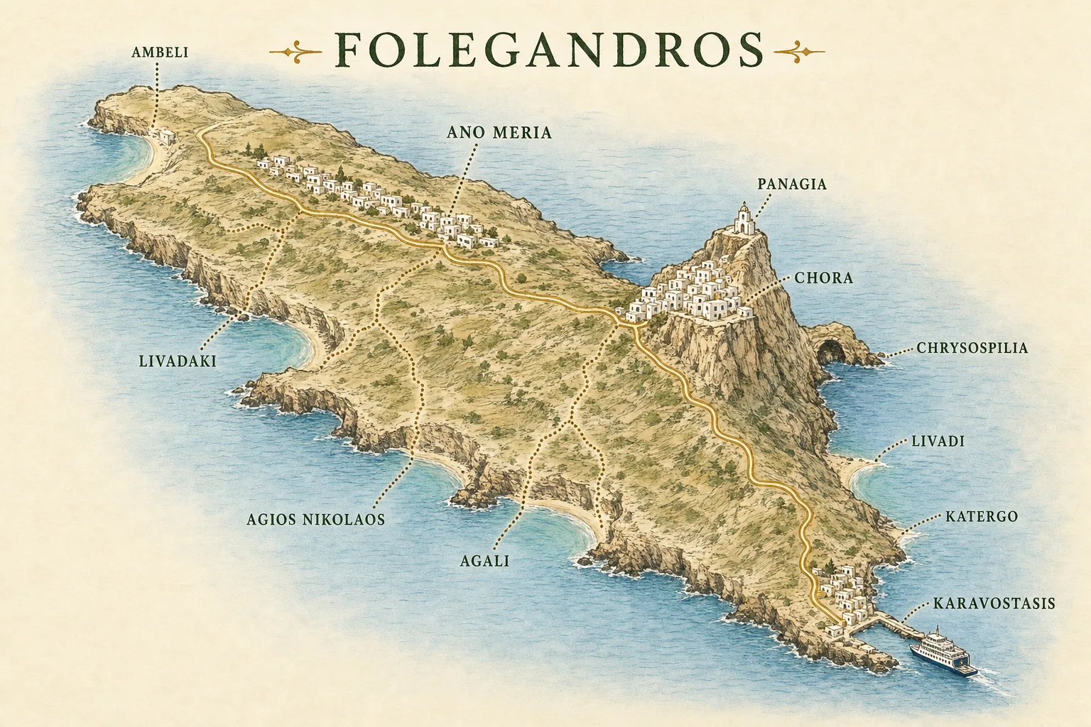Carte touristique illustrée de Folegandros situant le port de Karavostasis au sud-est, la Chora et l'église de la Panagia sur leur rocher, le village d'Ano Meria le long de la crête, la grotte de Chrysospilia et les plages de Katergo, Livadi, Agali, Agios Nikolaos, Livadaki et Ambeli