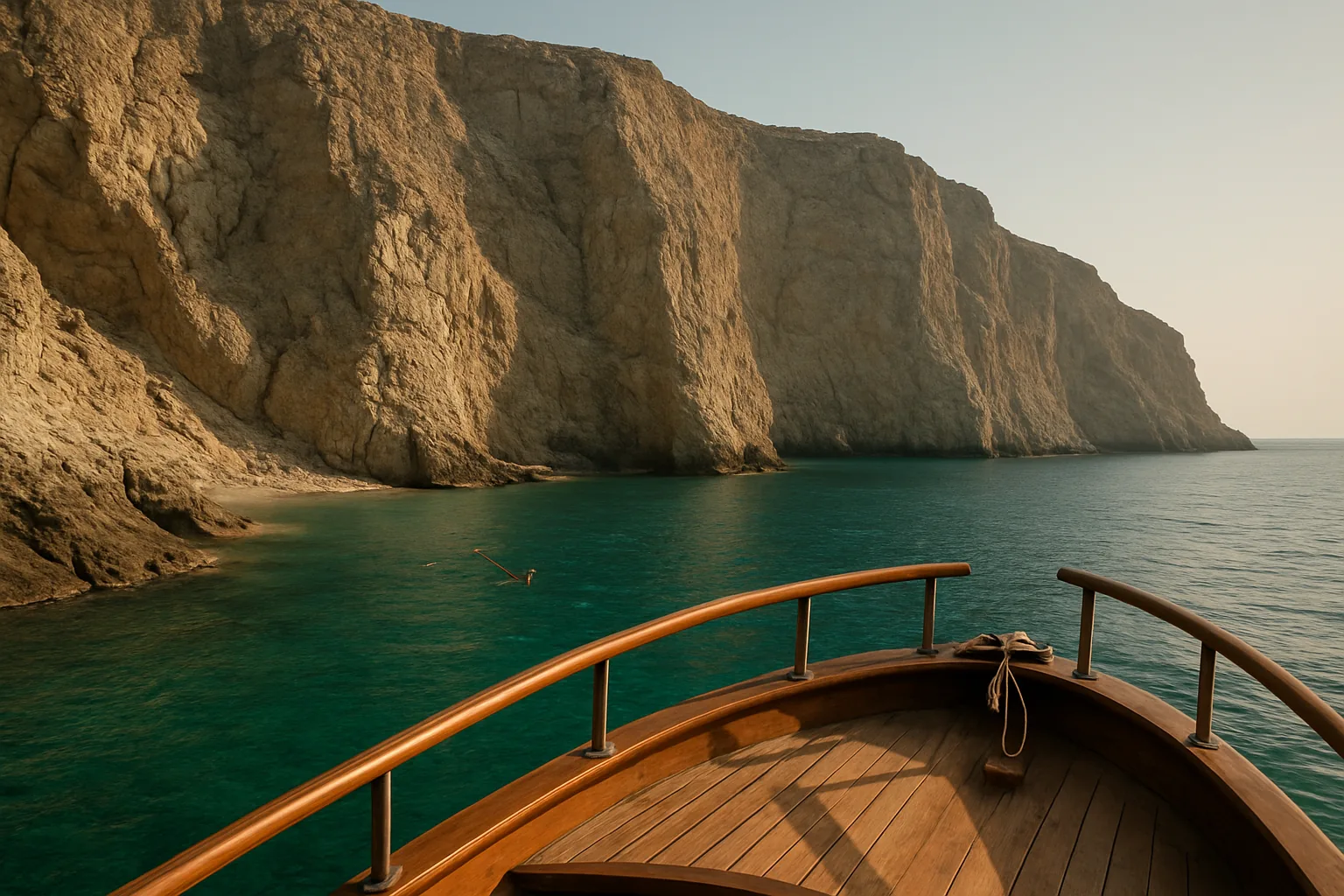 Falaises calcaires verticales de la côte de Folegandros tombant dans une eau turquoise, vues depuis la proue d'un bateau d'excursion en bois