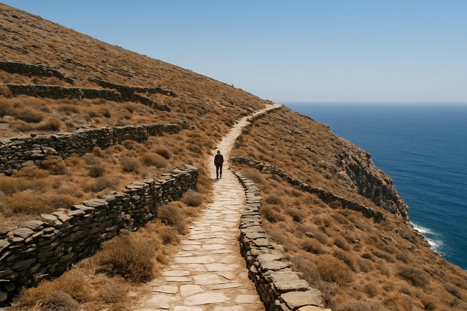 Sentier dallé bordé de murets de pierre sèche traversant les terrasses arides de Folegandros, au-dessus de la falaise et de la mer Égée
