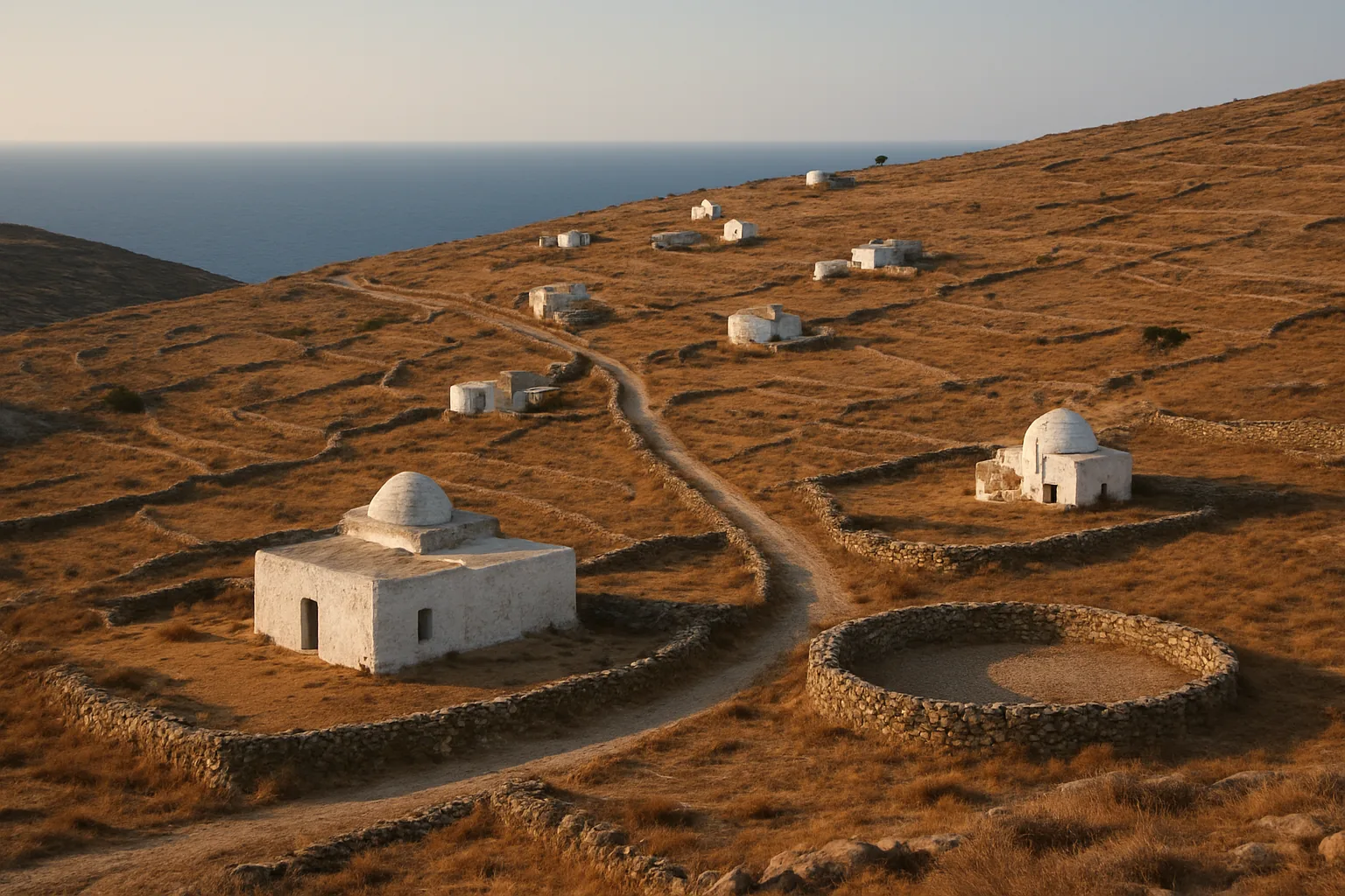 Fermes blanches isolées et aires de battage circulaires en pierre sèche sur les terrasses arides d'Ano Meria, à Folegandros, à la lumière de fin d'après-midi