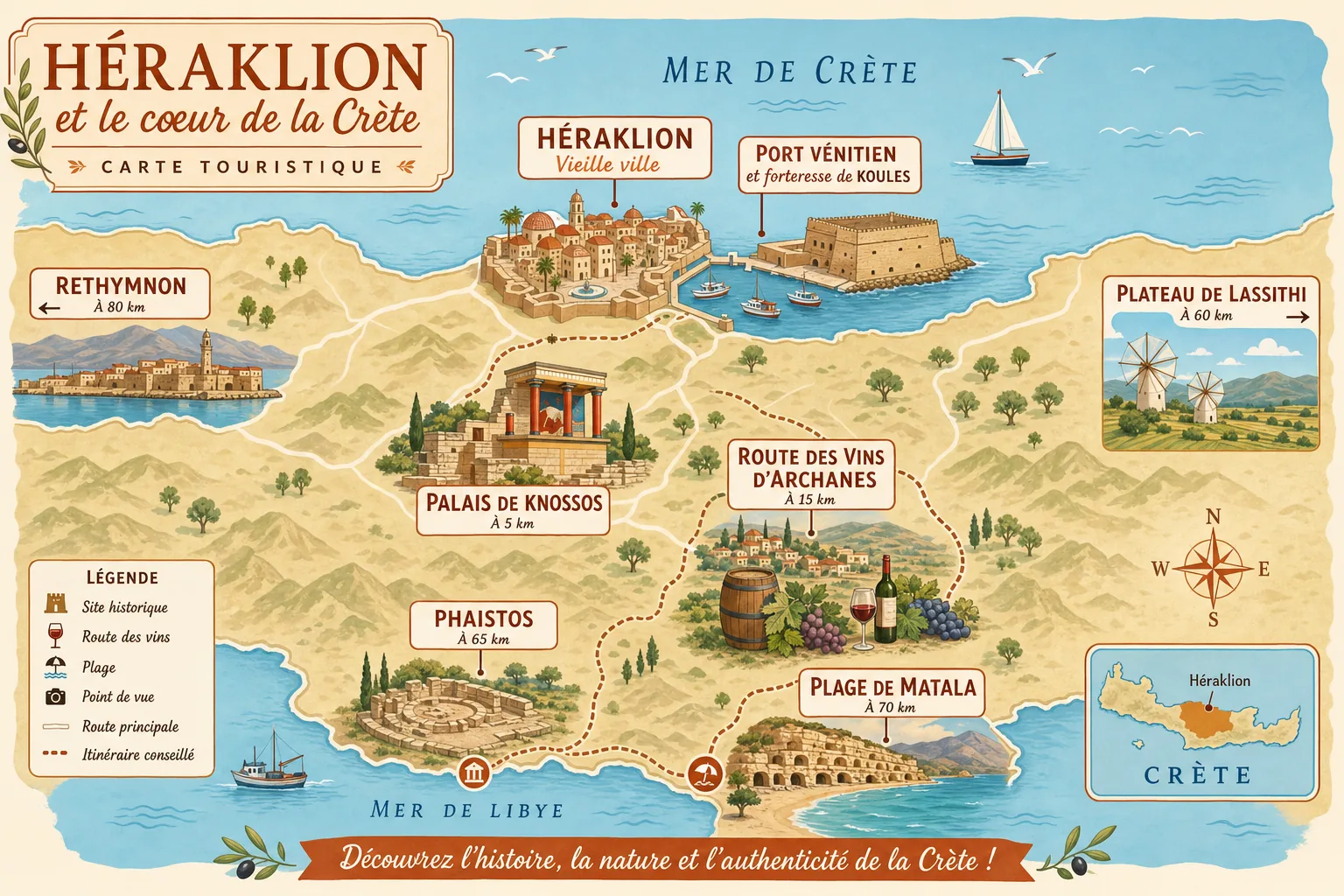 Carte touristique illustrée d'Héraklion et de la Crète centrale situant le vieux port et la forteresse Koules, le palais de Knossos, la route des vins d'Archanes, Phaistos, Matala, le plateau du Lassithi et Rethymnon