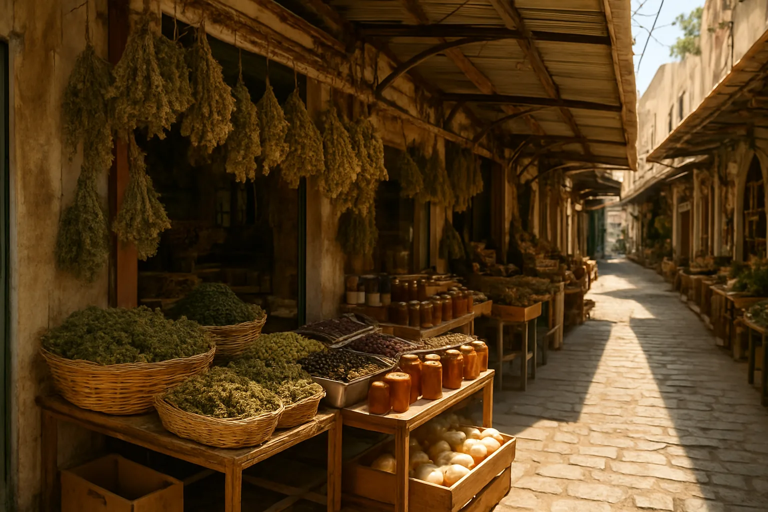 Étals colorés d'herbes, olives et produits crétois du marché de la rue 1866 à Héraklion en Crète