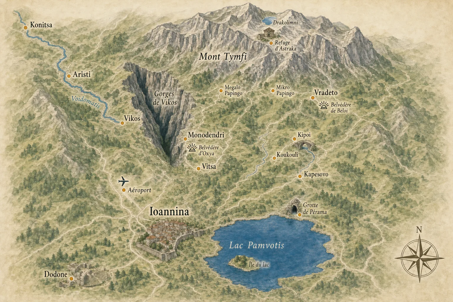 Carte touristique illustrée de la région d'Ioannina : la ville et le lac Pamvotis avec son île au sud, la grotte de Pérama, Dodone et l'aéroport, puis au nord les gorges de Vikos avec les belvédères d'Oxya et de Beloi, Monodendri, Vitsa, Kipoi, Koukouli, Kapesovo, Vradeto, Vikos, Aristi, Megalo et Mikro Papingo, le mont Tymfi, le refuge d'Astraka, le lac Drakolimni, la rivière Voidomatis et Konitsa
