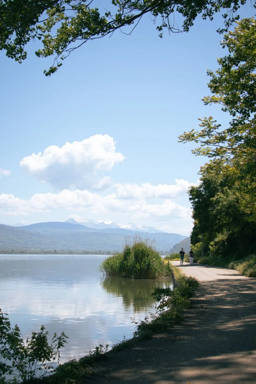 Sentier le long du lac Pamvotis à Ioannina, avec des roseaux au bord de l'eau et des montagnes enneigées au loin