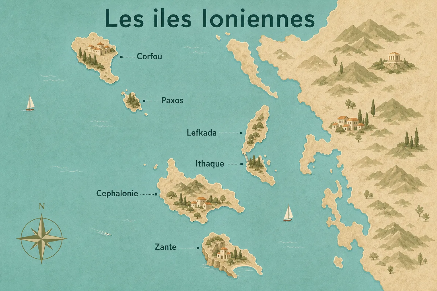 Carte illustrée des îles Ioniennes de Corfou au nord à Zante au sud, le long de la côte ouest de la Grèce