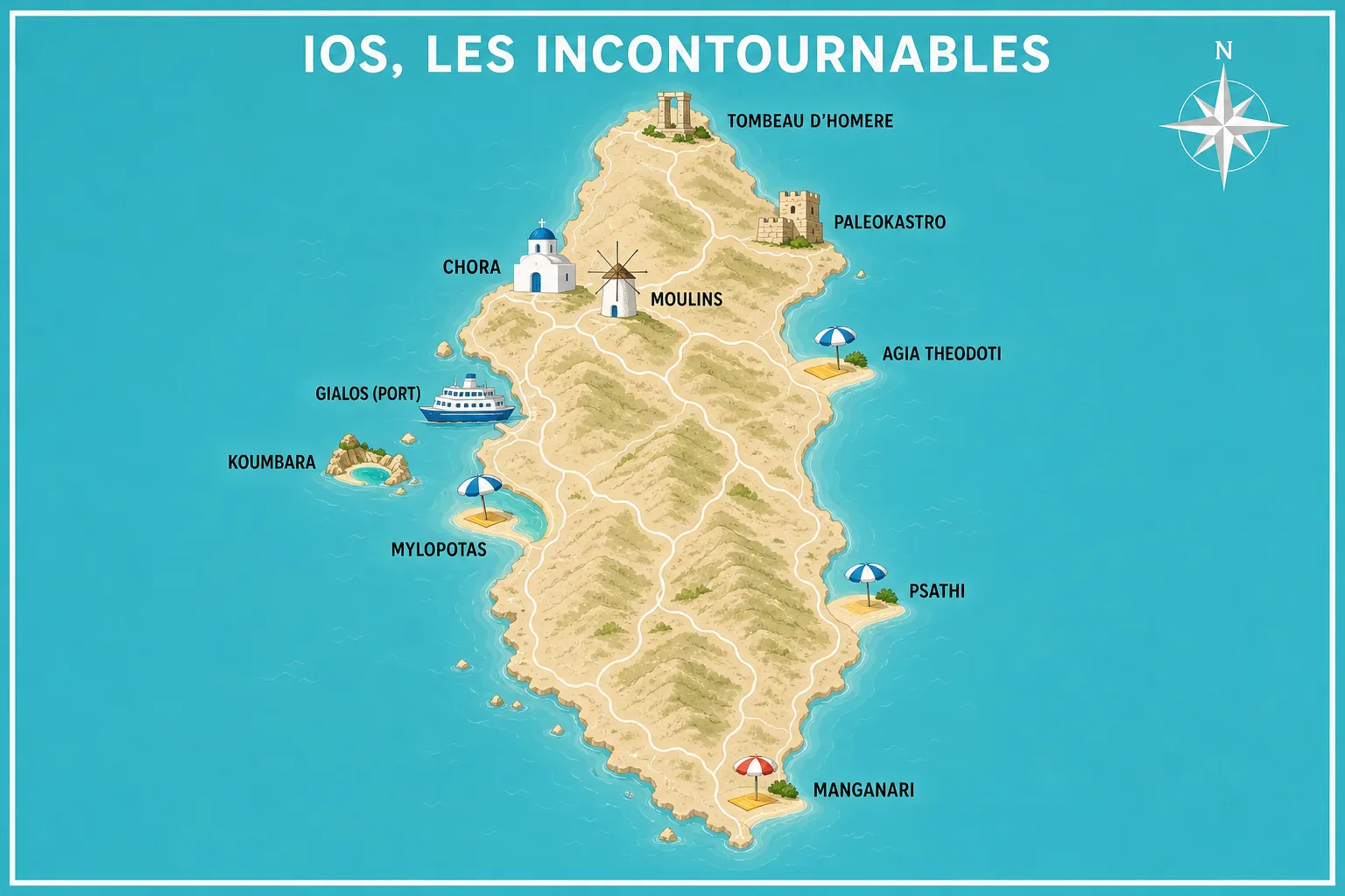 Carte touristique illustrée d'Ios situant le port de Gialos, la Chora et ses moulins, la plage de Mylopotas, Manganari au sud, Agia Theodoti et Psathi à l'est, Paleokastro et le tombeau d'Homère au nord