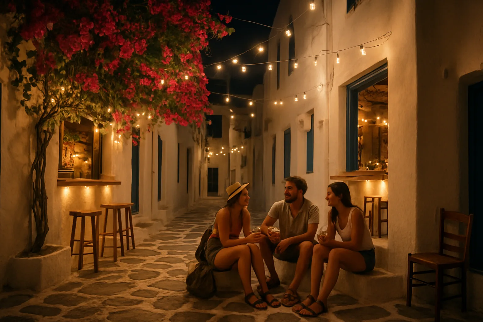 Ruelle blanche de la Chora d'Ios éclairée de guirlandes, avec des voyageurs attablés devant les bars le soir