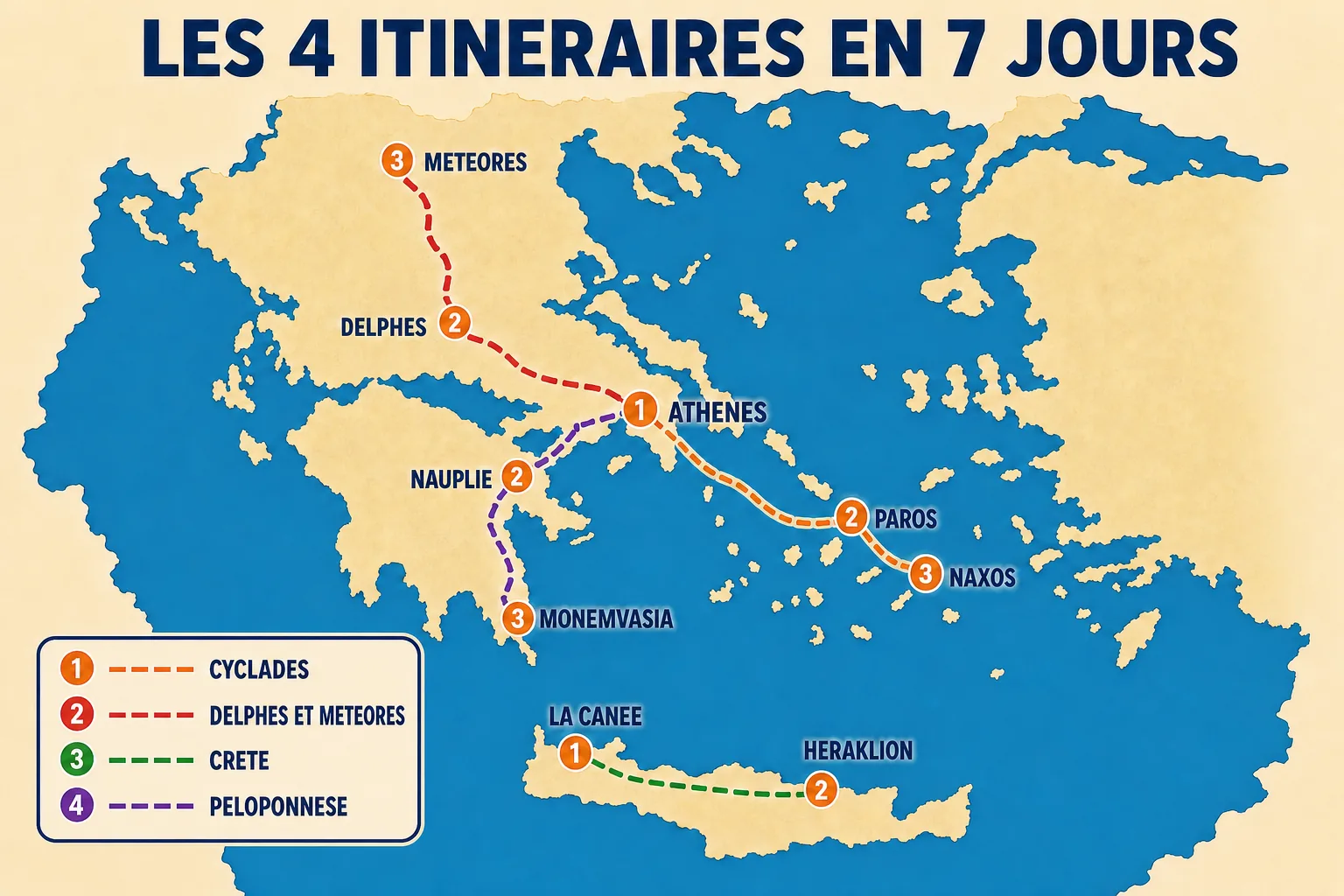 Carte des quatre itinéraires d'une semaine en Grèce : Cyclades, Delphes et Météores, Crète et Péloponnèse