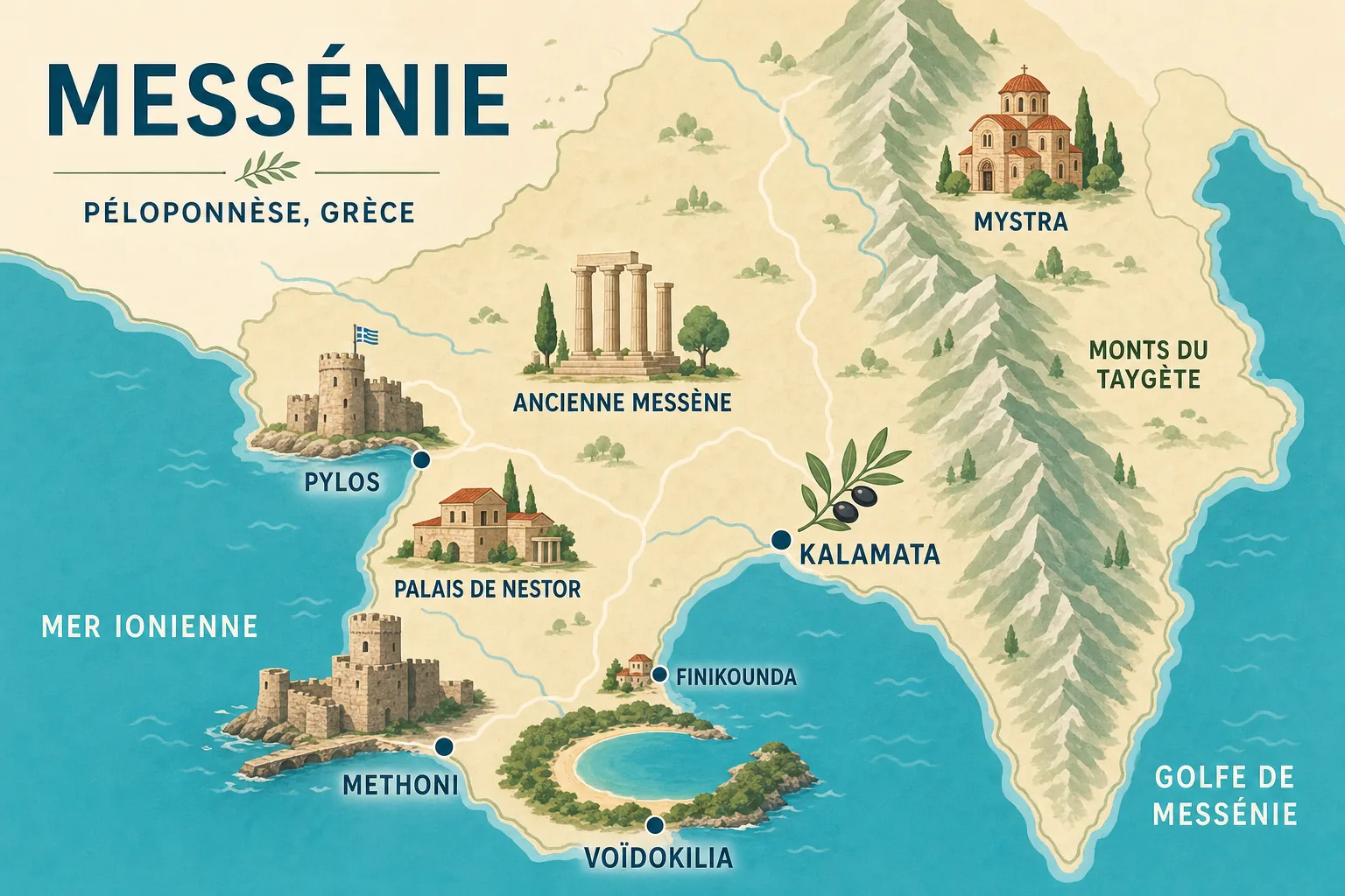 Carte touristique illustrée de la Messénie situant Kalamata, la plage de Voïdokilia, Pylos et la baie de Navarin, l'ancienne Messène, le palais de Nestor, Methoni, Finikounda et Mystra