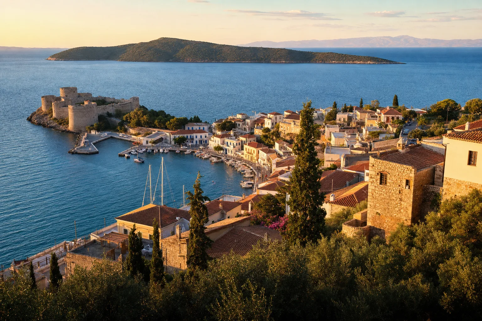 Port de Messénie construit en amphithéâtre autour d'une petite marina, avec une forteresse en pierre sur un promontoire et une île fermant la baie au coucher du soleil, évoquant Pylos et la baie de Navarin
