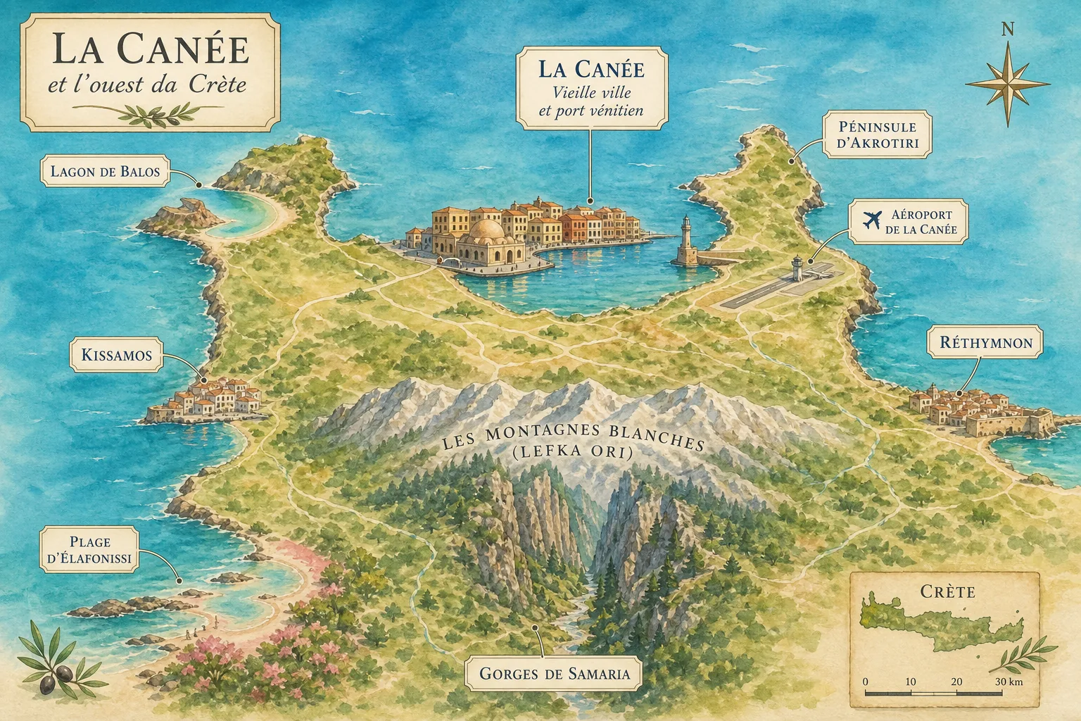 Carte touristique illustrée de La Canée et de la Crète occidentale situant le port vénitien, la presqu'île d'Akrotiri, le lagon de Balos, la plage d'Elafonissi, les gorges de Samaria, Kissamos et Rethymnon